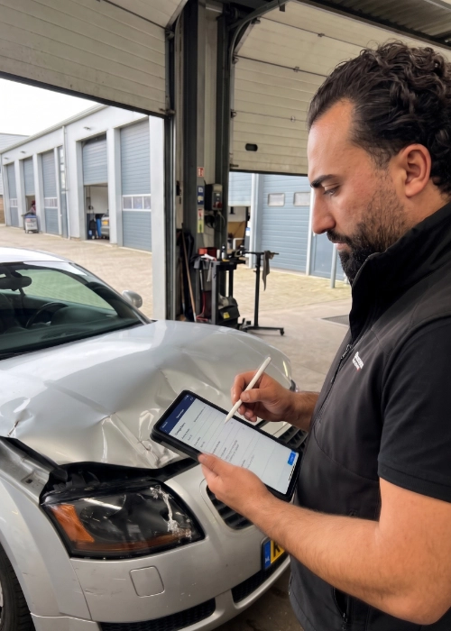 KFZ-Sachverständiger nimmt mit Tablet und Stift einen Frontschaden an einem silbernen Auto mit eingedrückter Motorhaube in einer Werkstatthalle auf