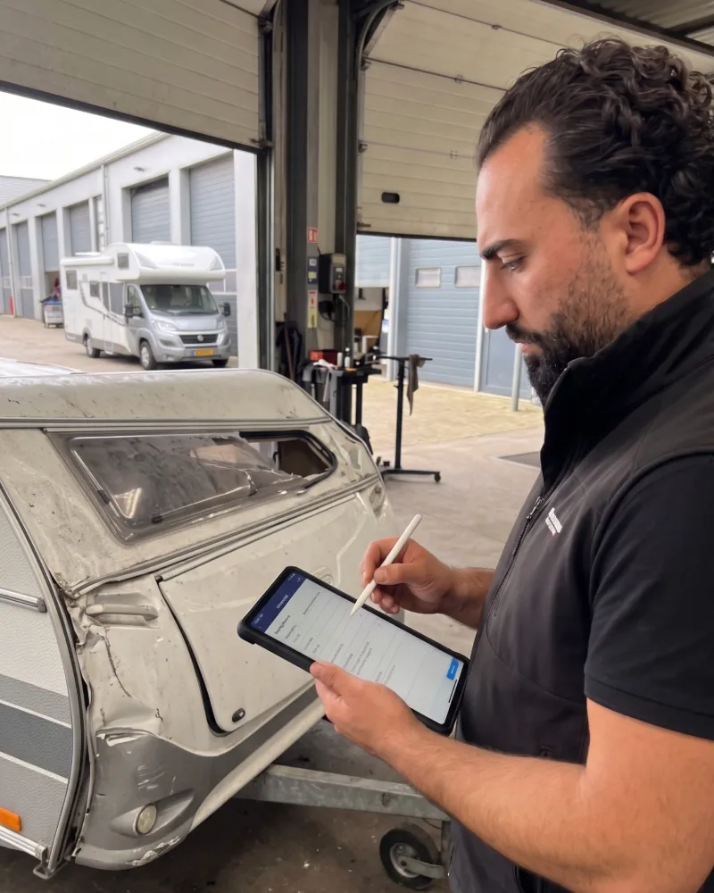 KFZ-Sachverständiger begutachtet in einer Werkstatt die beschädigte Front eines Wohnwagens und notiert den Schaden auf einem Tablet, im Hintergrund steht ein Wohnmobil