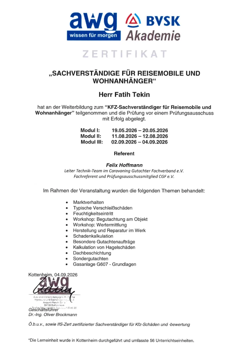 Zertifikat der awg und BVSK Akademie für Fatih Tekin: Sachverständige für Reisemobile und Wohnanhänger, Kottenheim, 04.09.2026