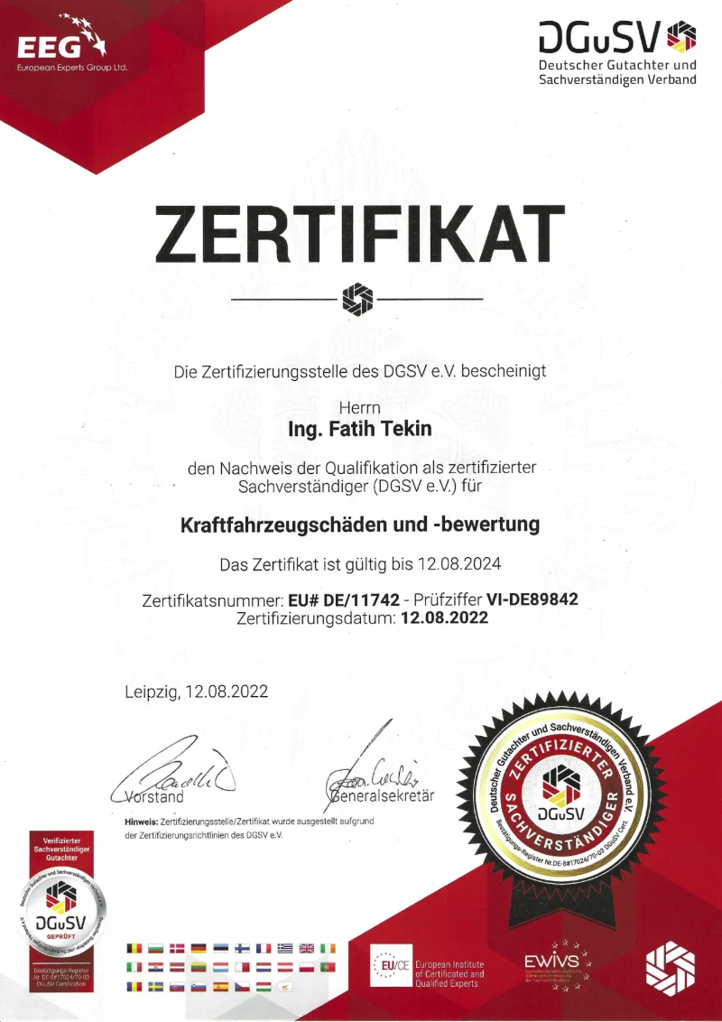 Zertifikat des DGuSV für Ing. Fatih Tekin: zertifizierter Sachverständiger für Kraftfahrzeugschäden und -bewertung, Zertifizierungsdatum 12.08.2022